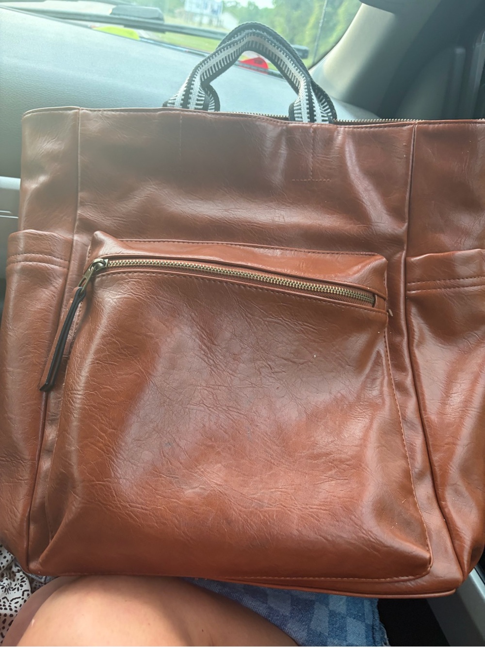 Universal Thread Brown Leather-Look Tote with Front Zip Pocket